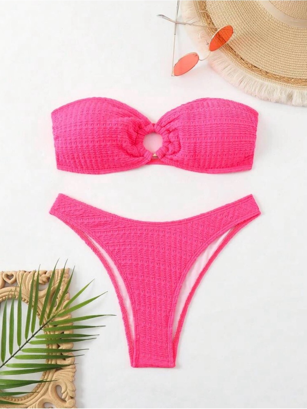 Hot Pink Textured Bandeau Bikini Set